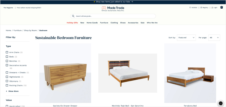 Website showing furniture for sale