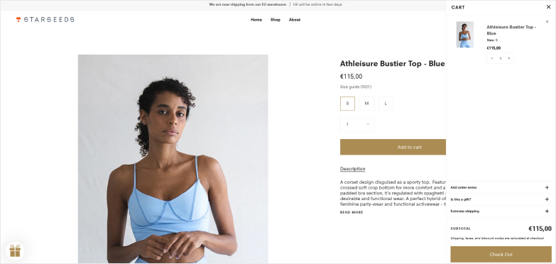 Product website showing a model in a blue top