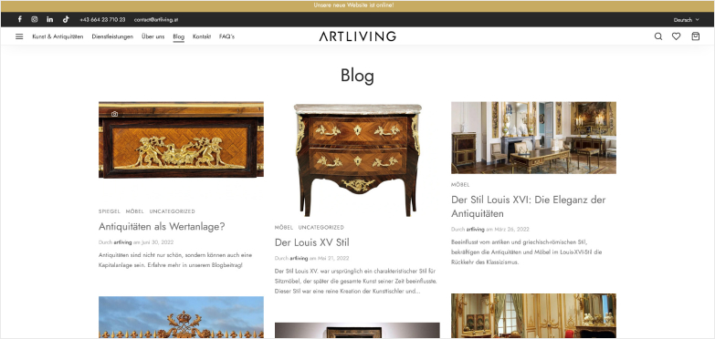 Website showing different antiques for sale