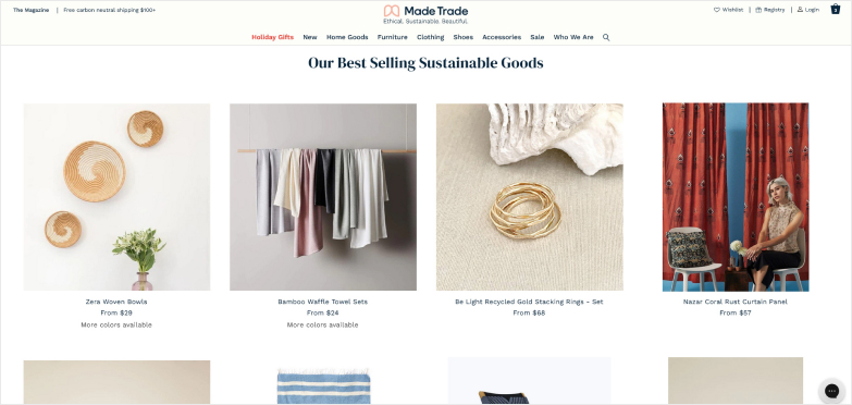 Website showing sustainable goods for sale