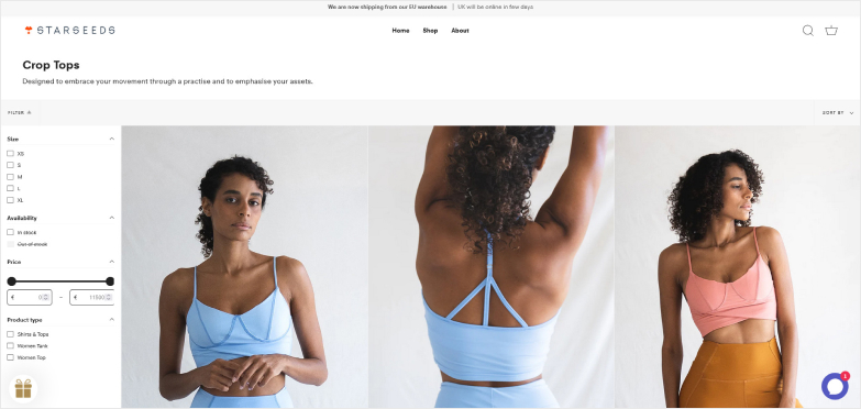 Product website showing different women's tops