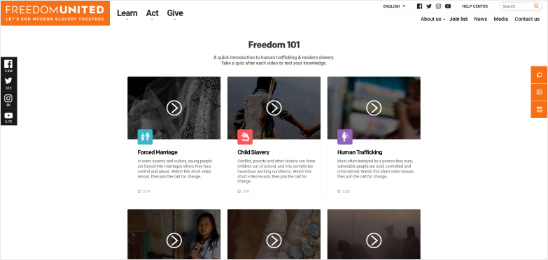 Preview of a website with a list of video previews