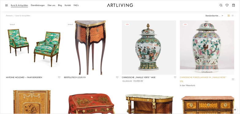 Website showing a product list that features different antiques for sale