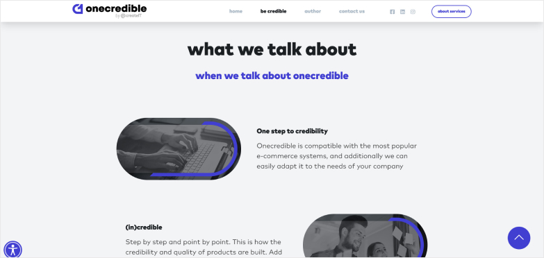 Grey website with blue colors and black and blue text.