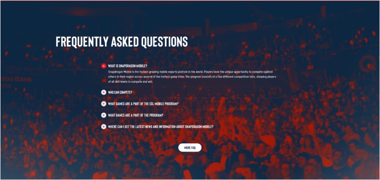 Blue and red website with white FAQ-related text