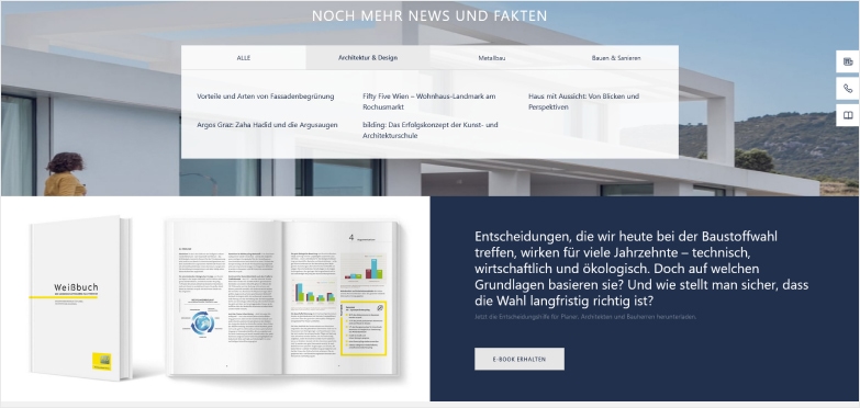 Preview of a website with a picture of modern home in the background, a picture of a book and white text on blue background