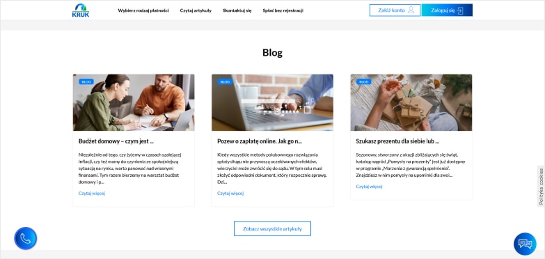 Preview of a blog section of the website with photos and article fragments