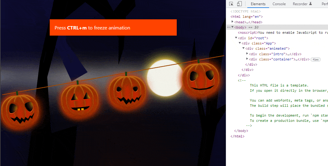 an animation of pumpkins dangling over dark background and code on the right
