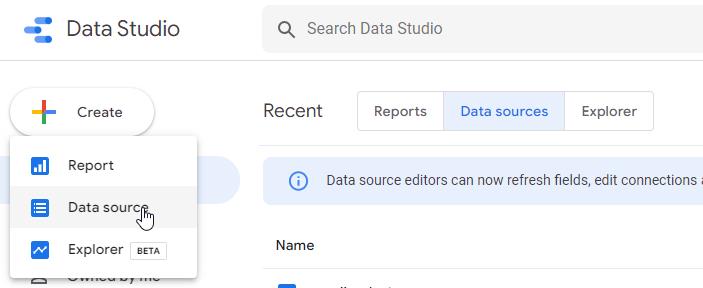 Screenshot of the dashboard in Data Studio showing the cursor hovering over the Data source option