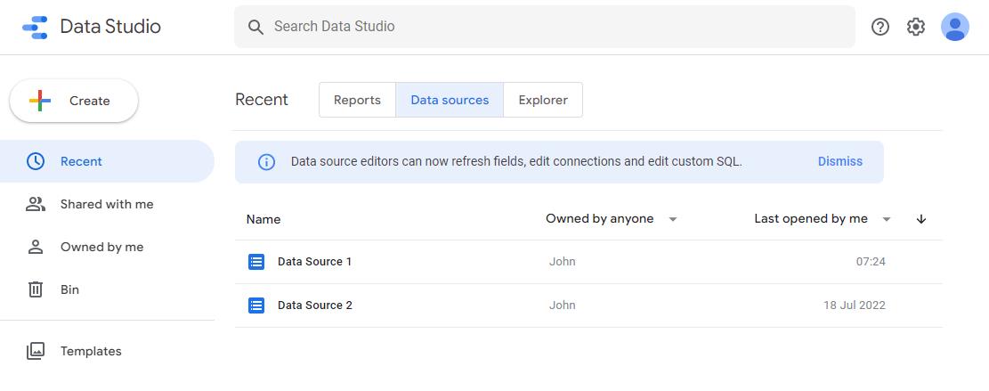 Data Studio showing the Recent tab