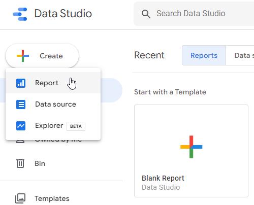 Data Studio preview with the cursor hovering over the Report option