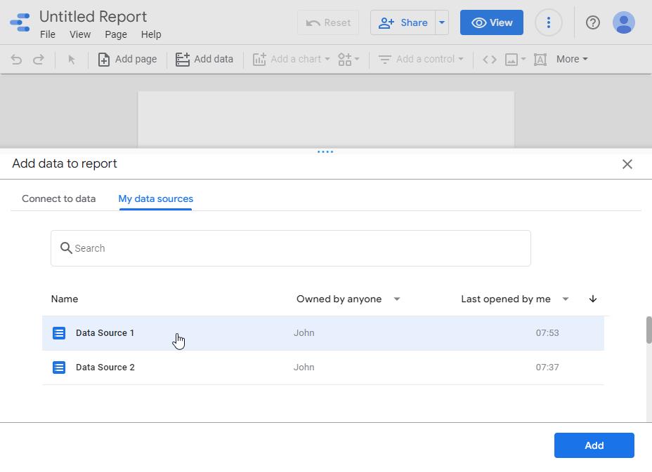 Data Studio dashboard section - add data to report