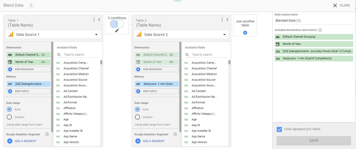 2 data studio tables with a lot of text and options