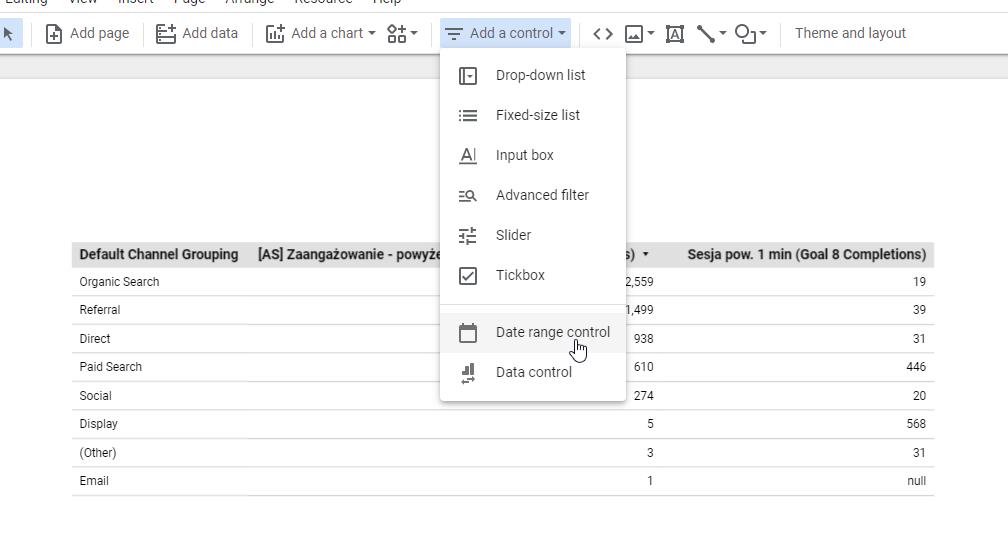 A table with text and numbers and a drop-down menu with options and the cursor hovering over Date range control