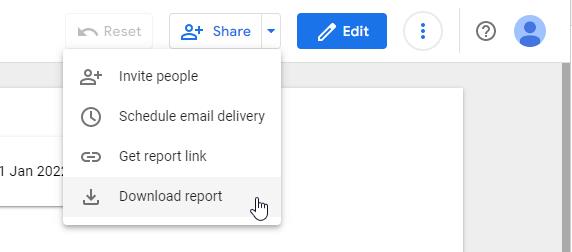 Dropdown menu with the cursor hovering over the Download report option