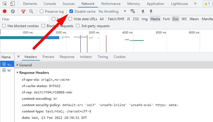 disable cache at browser network tab