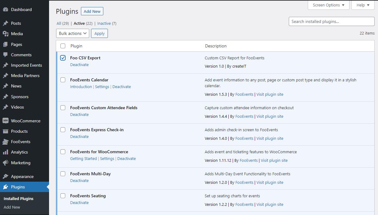 WordPress dashboard with the Plugins section opened