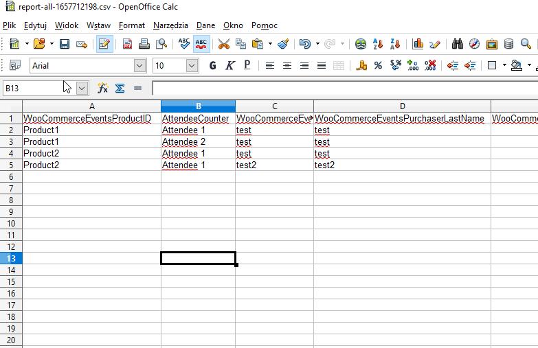 Excel table with data