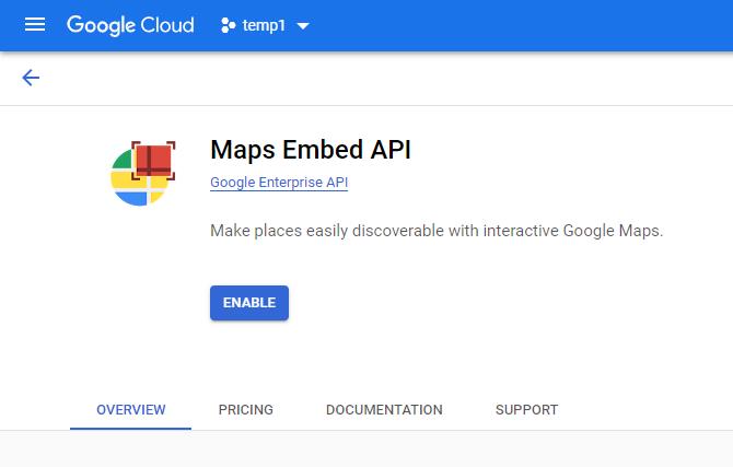 Google Cloud Maps Embed API window with options