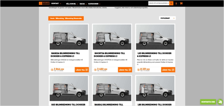 A preview of a website with products for vans
