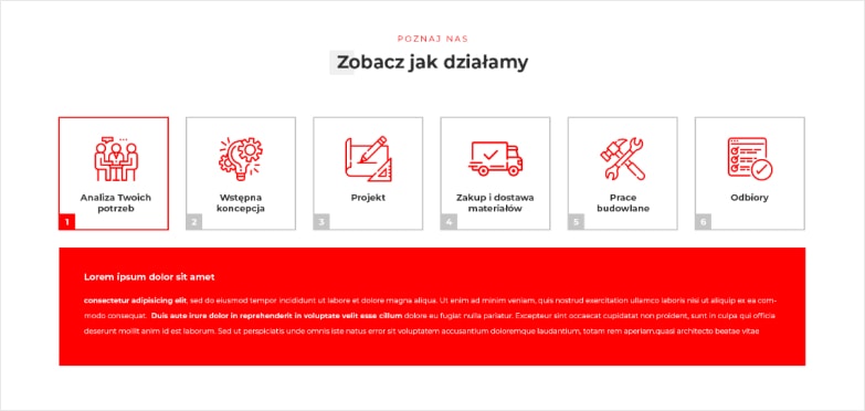 A preview of a website with a red white and blue colors, a lot of text and red icons