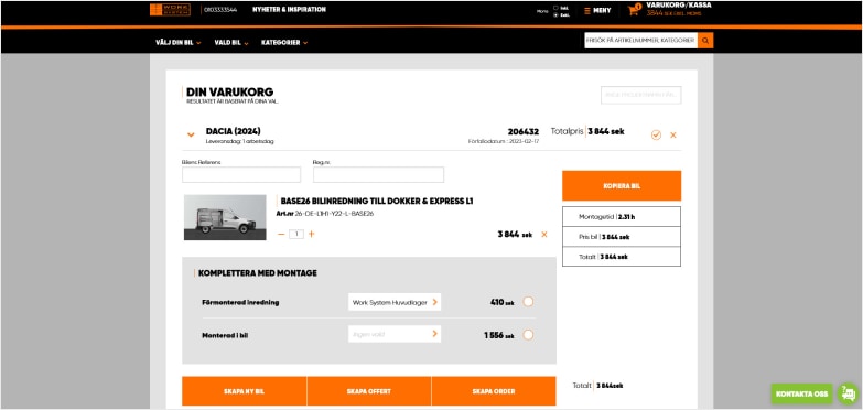 A preview of a website with a shopping cart, a product for a van and pricing