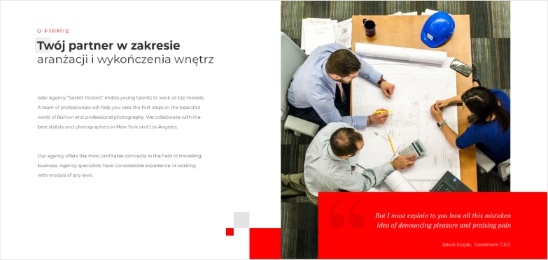A preview of a website with text on the left and an image of architects working over a large document placed on a desk