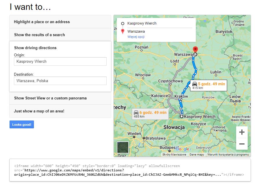 Map of a part of Poland with options on the left