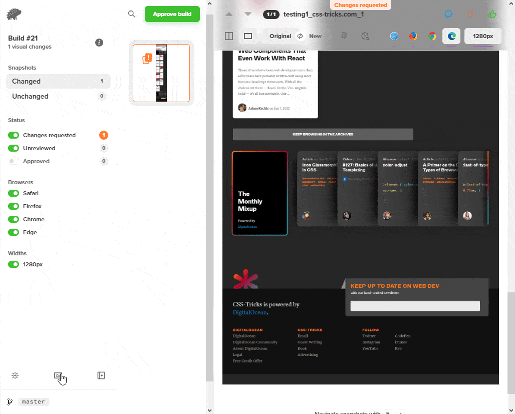 Animation presenting a website on the right and an options panel on the left