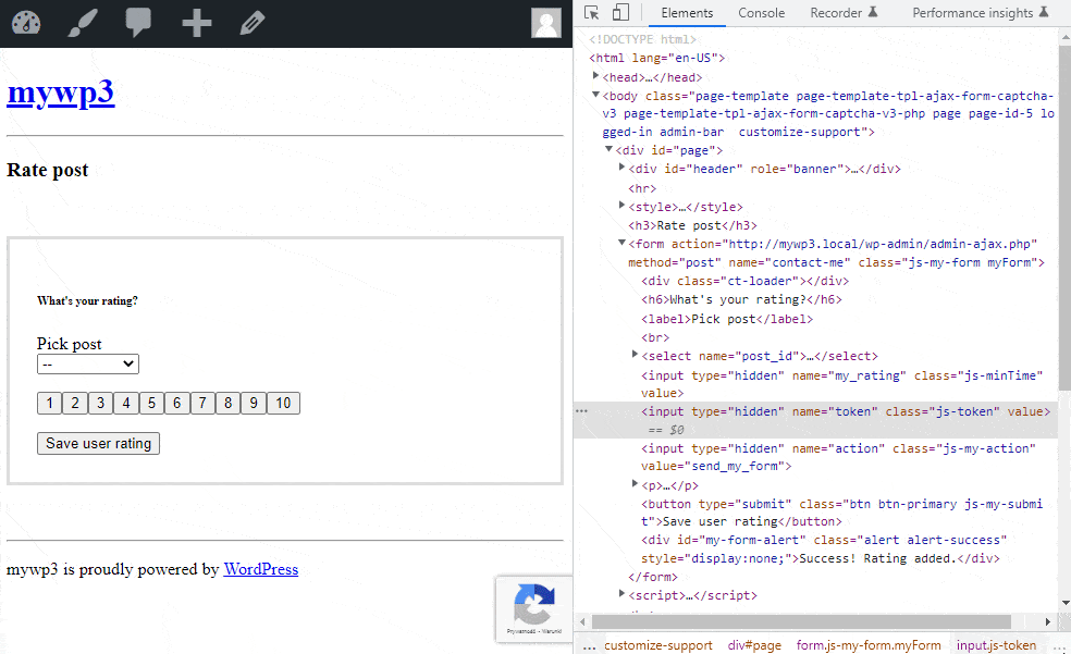 Animation of a rating form with code on the right