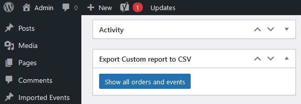 WordPress dashboard with Export Custom report to CSV option opened
