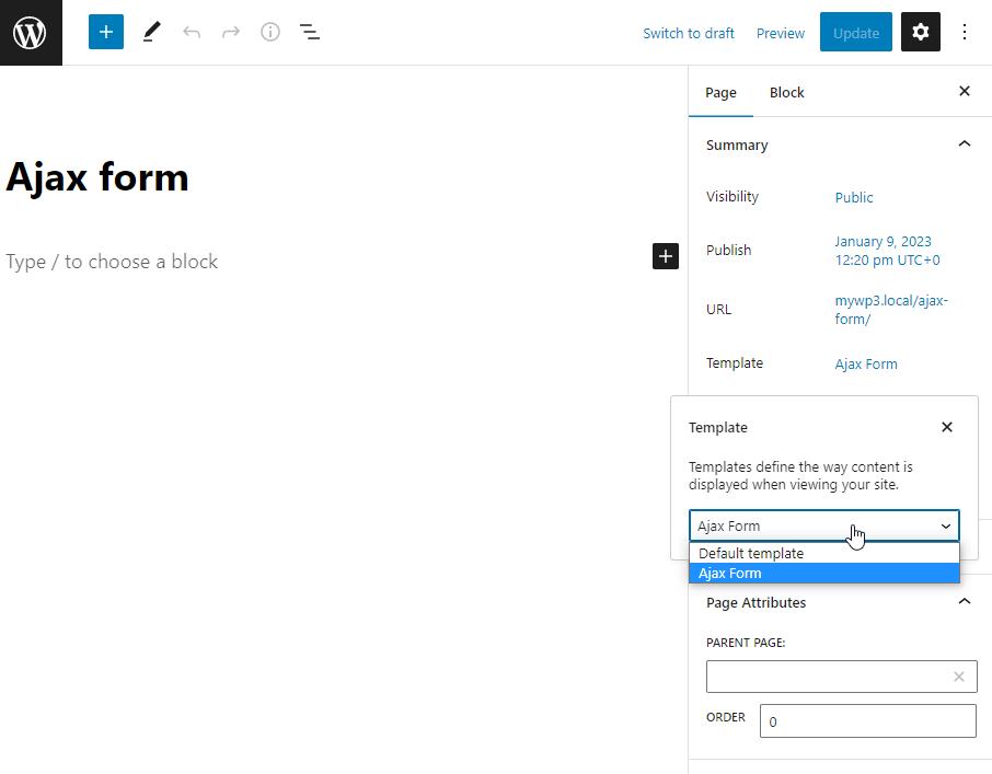 WordPress form with options