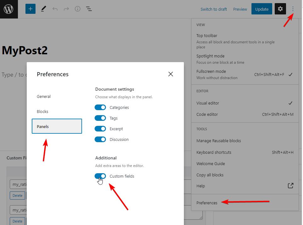 WordPress dashbaord with red arrows pointing to specific options