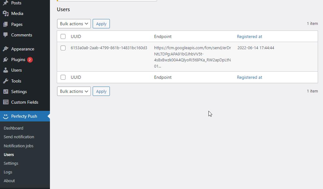 WordPress dashboard