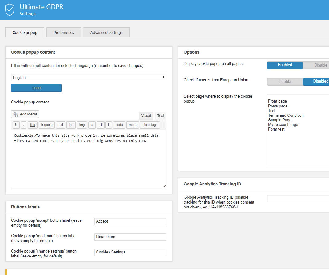 UI of the plugin with cookies tab