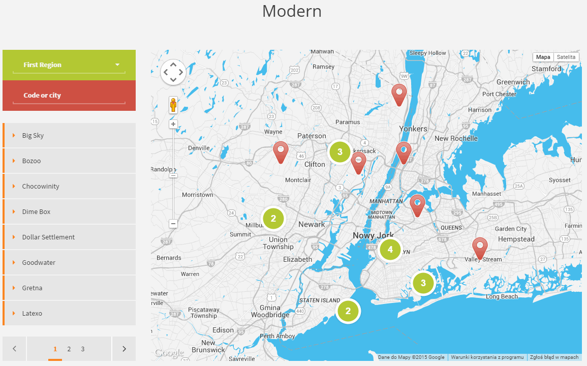 A map of New York city with map markers, names and numbers