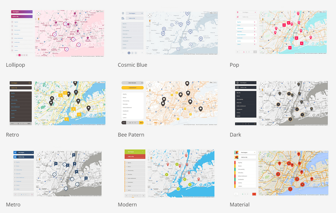 A preview of different styles for maps