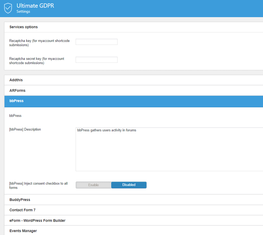 UI of the plugin with services tab