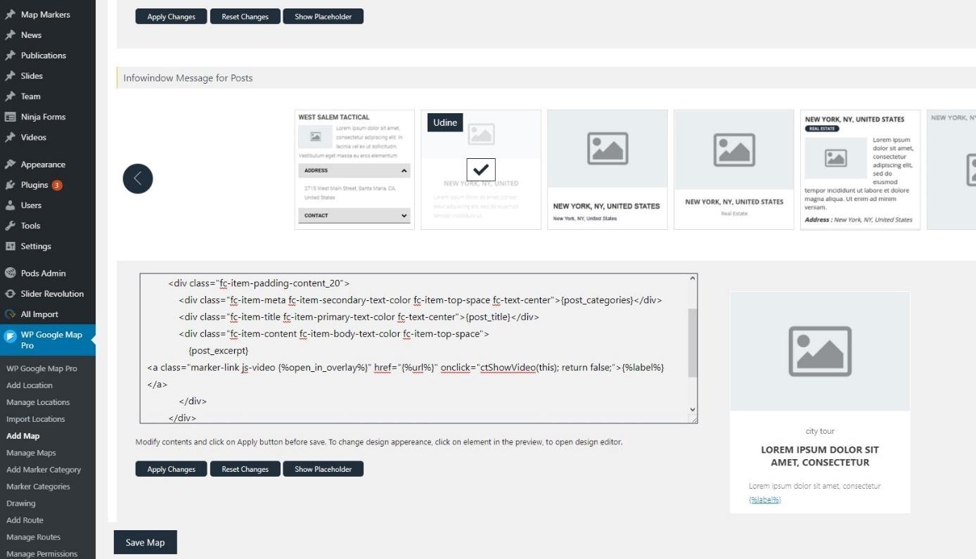 Wordpress Dashboard with WP Google Map Pro configuration opened