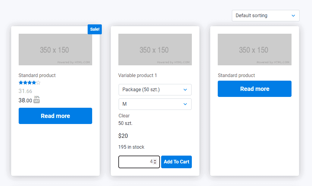 Three columns with space for an image in the header and product data below