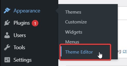 WordPress dashboard with the Theme Editor option highlighted
