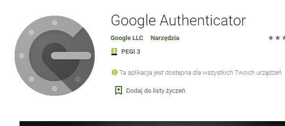 Google Authenticator site on the Google Play Store with the icon of the app and some description