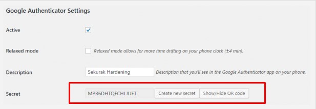 Google Authenticator Settings with multiple options and tickboxes