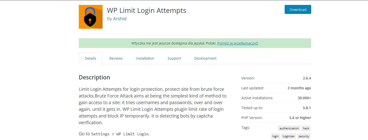 A website for the WP Limit Login Attempts WordPress plugin with the plugin's padlock icon and description
