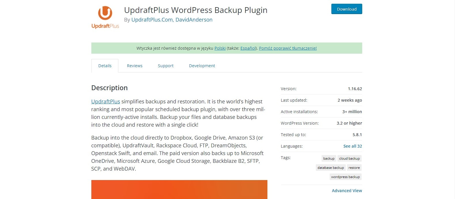 The website for the UpdraftPlus WordPress Backup Plugin with the plugin's icon and description