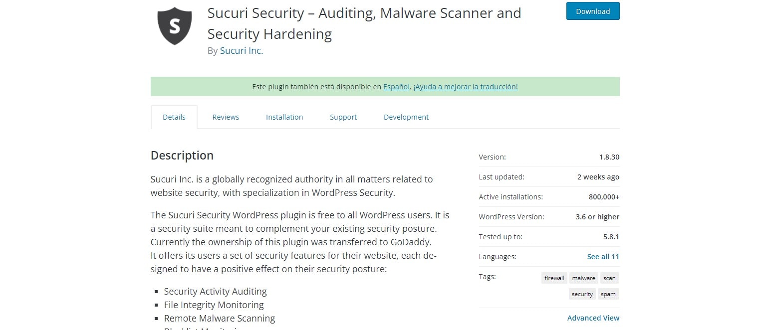 The website for the Sucuri Security plugin with its icon and description