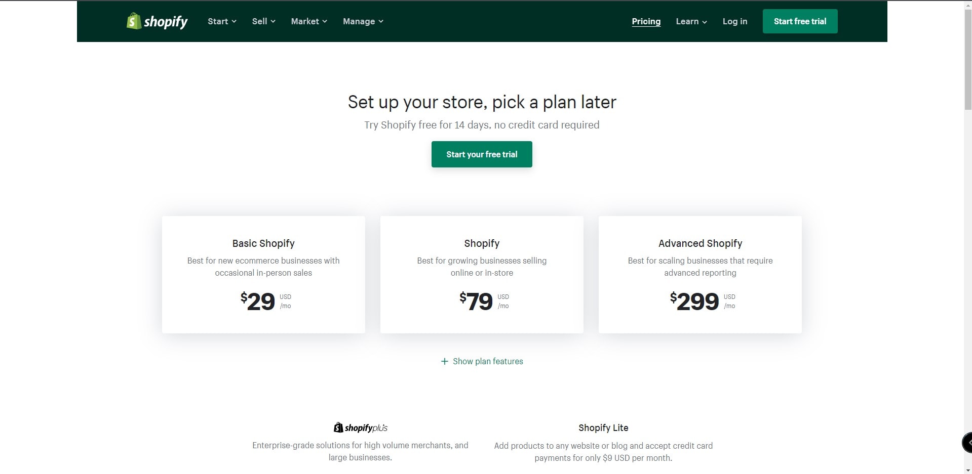 Shopify pricing plans subsite with different price options and descriptions