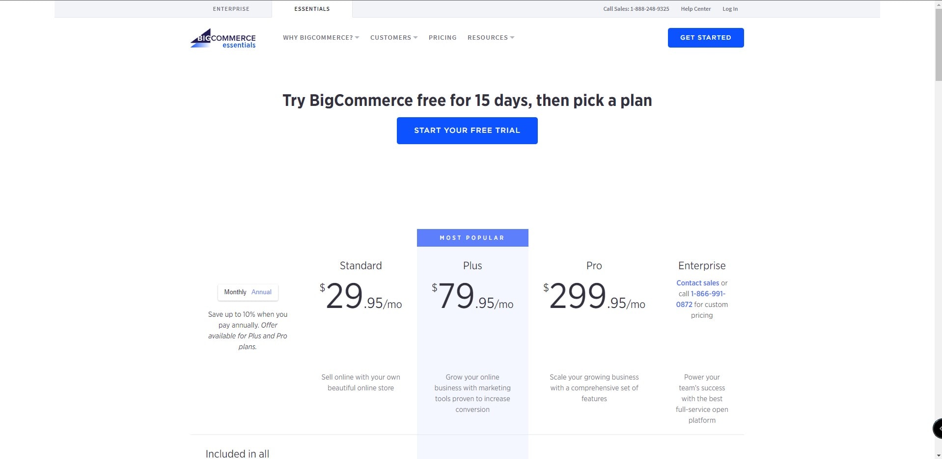 A subsite of BigCommerce showing different pricing plans