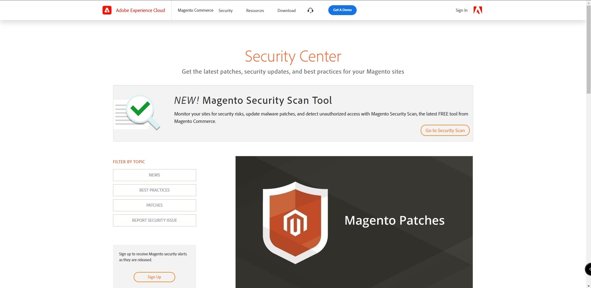 The Security Center site for Magento with a huge shield icon in the middle and text around