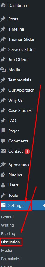 WordPress settings panel with Discussion highlighted